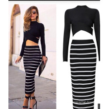 Women′s Maxi Long Sleeve Two Piece Pencil Skirt Stripe Dress